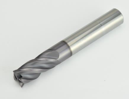 Karbidová monolitní fréza 4 mm. Univerzální . 4 břitá, drážka 30°, dlouhá, zuby do středu, rohová fazetka, stopka h6, DIN6528, AlTiN,  UNI4